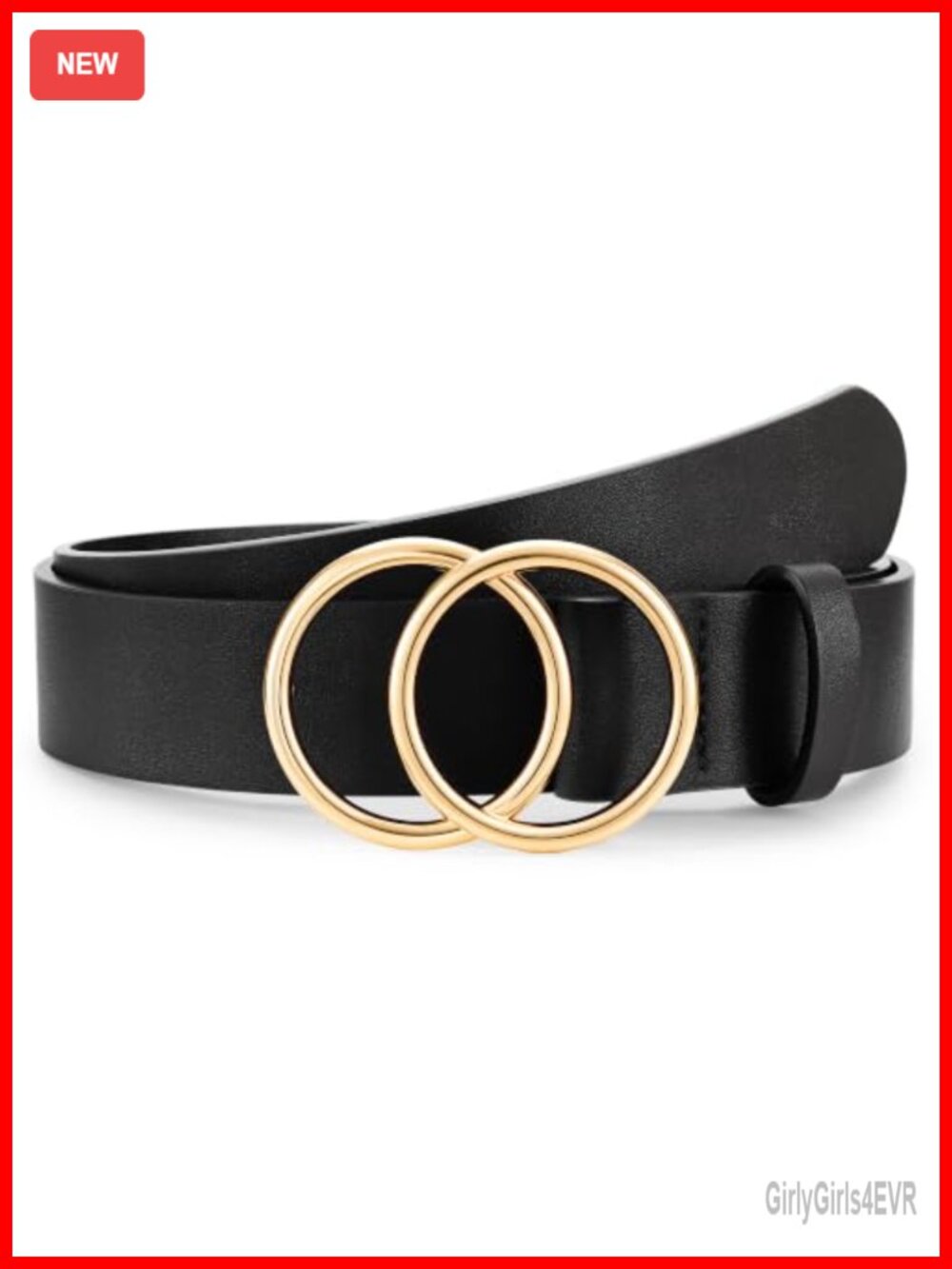 Women's Faux Leather Belt Double O-Ring Gold Buckle Adjustable Waist